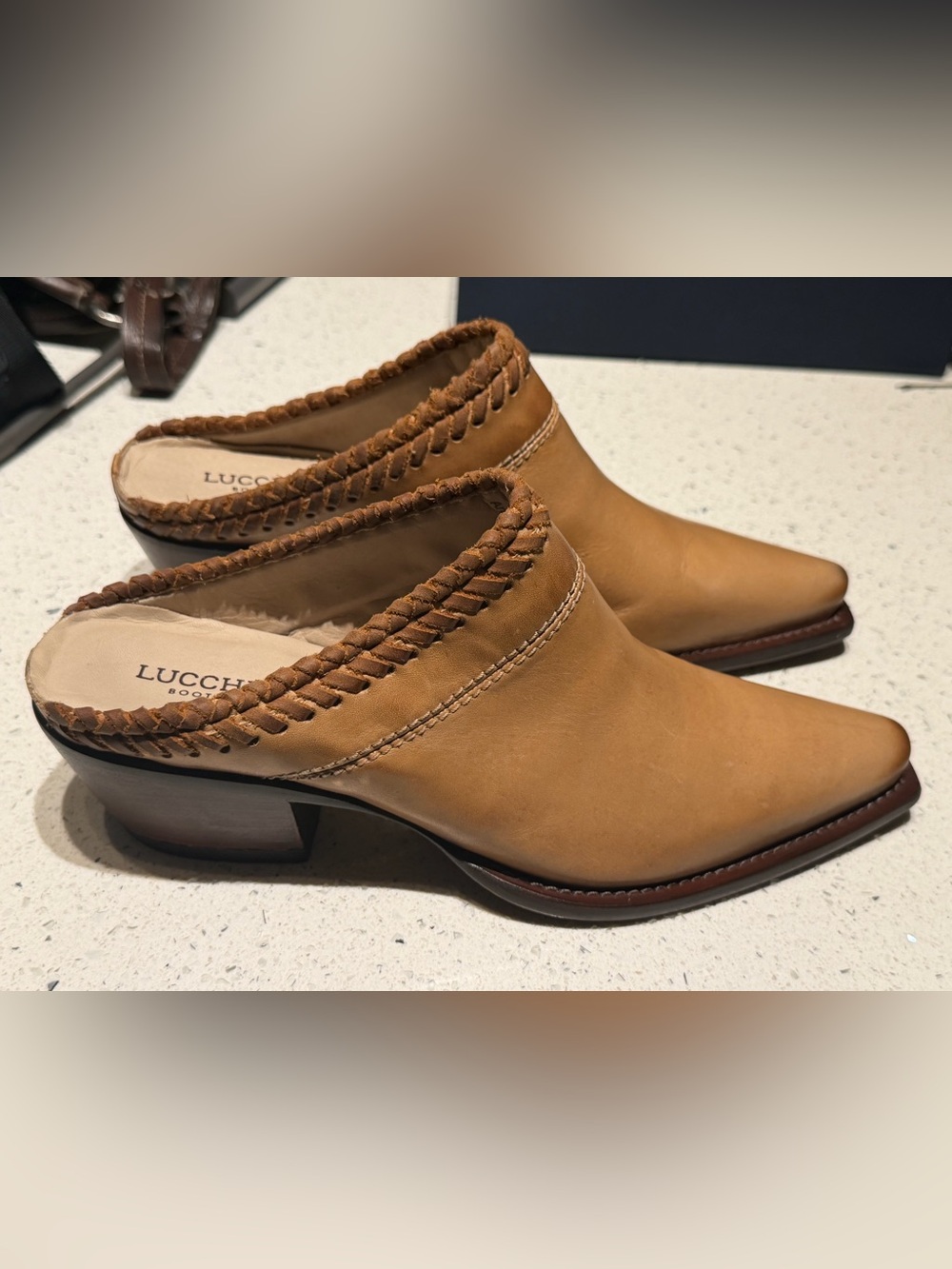 Lucchese Tan Braided-Trim Leather Mules